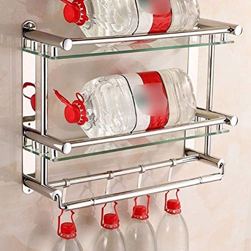 Bathroom Glass Shelf with Towel Rail and Hooks Wall Mounted Stainless Steel Rack, 2 Tier 40~60cm Anti-Rust Drilling Storage (Size : 50CM)