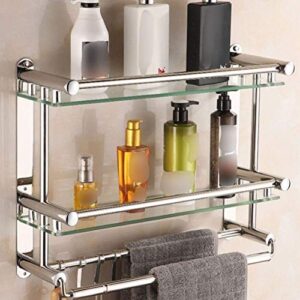 Bathroom Glass Shelf with Towel Rail and Hooks Wall Mounted Stainless Steel Rack, 2 Tier 40~60cm Anti-Rust Drilling Storage (Size : 50CM)