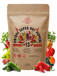 13 rare hot chili pepper seeds variety pack for planting indoor & outdoors. 650+ non-gmo bulk pepper garden seeds kit: jalapeno, cayenne, serrano, habanero, pasilla bajio, santa fe, fresno & more