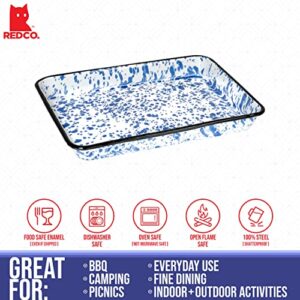 Red Co. 11" x 9" Enamelware Metal Classic 2 Quart Rectangular Serving Tray, Navy Blue Marble/Black Rim - Splatter Design