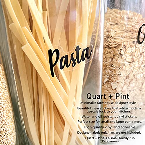 QUART + PINT 155 Kitchen Pantry Labels for Containers. Preprinted Clear Script Stickers with Black Text. Waterproof Vinyl Sticker Set. Organization labels for Jars Canisters & Home Storage Bins System