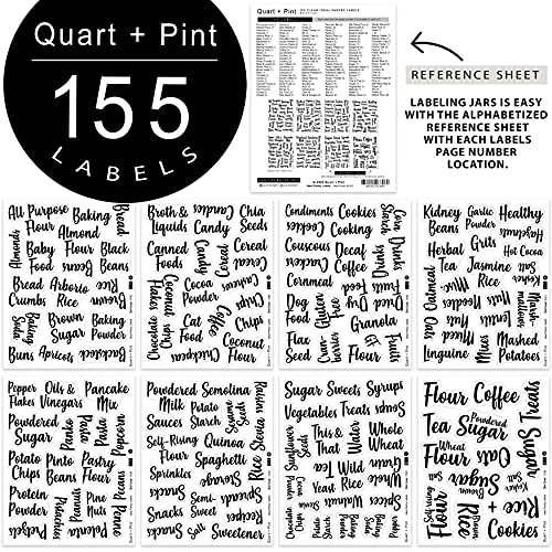 QUART + PINT 155 Kitchen Pantry Labels for Containers. Preprinted Clear Script Stickers with Black Text. Waterproof Vinyl Sticker Set. Organization labels for Jars Canisters & Home Storage Bins System