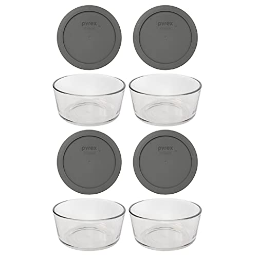 Pyrex (4 7201 4 Cup Glass Bowls & (4) 7201-PC Puddle Gray Lids