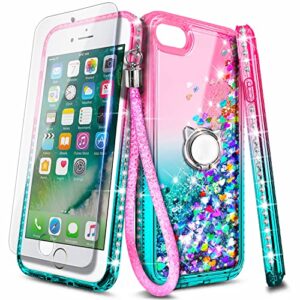ngb compatible for iphone 8 plus case, iphone 7 plus /6 plus /6s plus with tempered glass screen protector, ring holder, girls women kids liquid bling sparkle glitter cute case (pink/aqua)