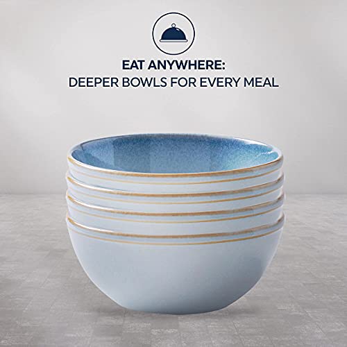 Corelle Stoneware 4-Pc Bowl Set, Handcrafted Artisanal Double Bead Bowls, Reactive Glaze Stoneware, 21-Oz Bowl Set, Nordic Blue