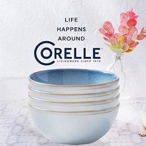 Corelle Stoneware 4-Pc Bowl Set, Handcrafted Artisanal Double Bead Bowls, Reactive Glaze Stoneware, 21-Oz Bowl Set, Nordic Blue