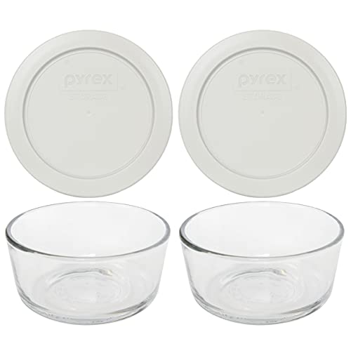 Pyrex (2 7200 Glass Bowls & (2) 7200-PC Sleek Silver Lids