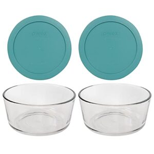 pyrex (2 7201 4 cup glass bowls & (2) 7201-pc turquoise lids