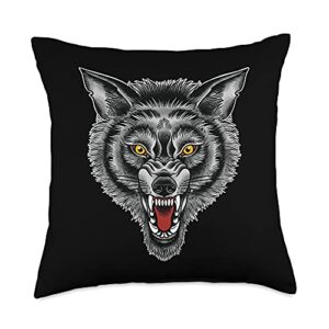 seven relics snarling wolf, american traditional tattoo art throw pillow, 18x18, multicolor