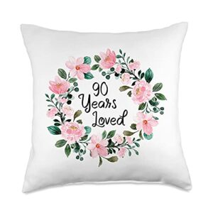 mom grandma 90th birthday gift apparel loved men women 90 years old floral 90th birthday throw pillow, 18x18, multicolor