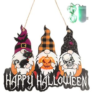 amyhill halloween gnomes sign pumpkin bat gnome wooden plaque with string lights happy halloween wooden door wall sign with rope for yard indoor outdoor garden decoration, 11.8 x 9.3 inch