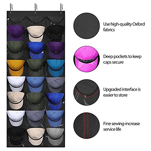 Dofilachy Hat Rack - Hat Organizer - Hat Racks for Baseball Caps, Visible Hat Holder - Baseball Hat Rack for Wall Door with 3 Hooks, 24 Deep Pockets