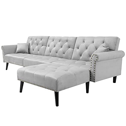 NOSGA Sofa Bed, Velvet Sectional Couch Convertible 115 L-Shape Sofa Bed Sleeper Reversible Chaise with 2 Pillows Adjustable Back for Living Room and Small Space (Gray)