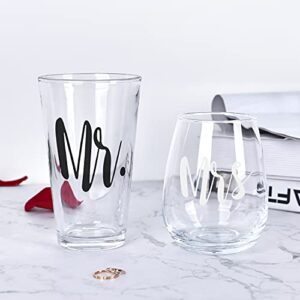 Mr and Mrs Stemless Wine Glass and Beer Glass Set of 2 - Funny Gifts for Him Her Wife Husband Couples, Couple Gift Set for Wedding Engagement Birthday Anniversaries Valentine's Day Christmas 12Oz