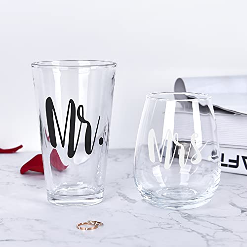 Mr and Mrs Stemless Wine Glass and Beer Glass Set of 2 - Funny Gifts for Him Her Wife Husband Couples, Couple Gift Set for Wedding Engagement Birthday Anniversaries Valentine's Day Christmas 12Oz