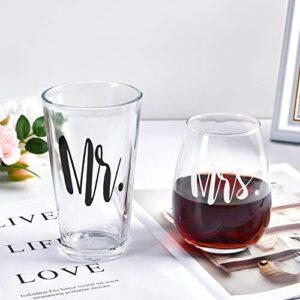 Mr and Mrs Stemless Wine Glass and Beer Glass Set of 2 - Funny Gifts for Him Her Wife Husband Couples, Couple Gift Set for Wedding Engagement Birthday Anniversaries Valentine's Day Christmas 12Oz