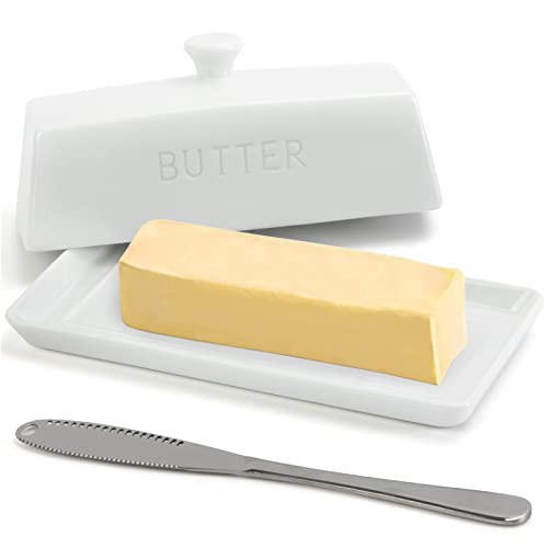 Ceramic Butter Dish with Lid - SGAOFIEE Porcelain Butter Dish with Lid and Knife for Countertop, Perfect for 1 Stick of East Coast Butter