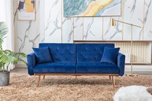 velvet mini sofa, accent sofa, modern folding couch, sofa bed for living room, loveseat sofa with rose gold metal feet (navy)