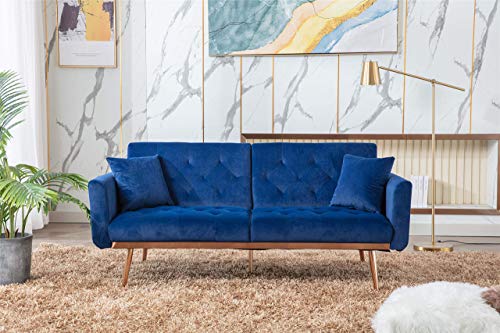 Velvet Mini Sofa, Accent Sofa, Modern Folding Couch, Sofa Bed for Living Room, Loveseat Sofa with Rose Gold Metal Feet (Navy)