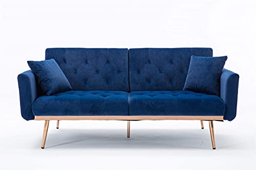 Velvet Mini Sofa, Accent Sofa, Modern Folding Couch, Sofa Bed for Living Room, Loveseat Sofa with Rose Gold Metal Feet (Navy)