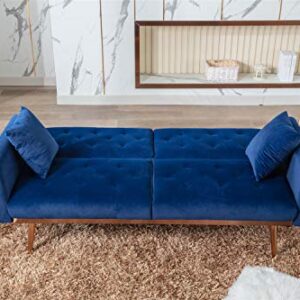 Velvet Mini Sofa, Accent Sofa, Modern Folding Couch, Sofa Bed for Living Room, Loveseat Sofa with Rose Gold Metal Feet (Navy)