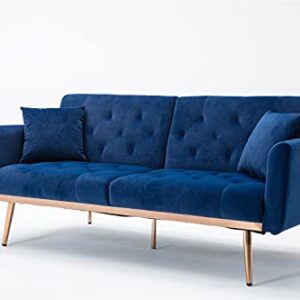 Velvet Mini Sofa, Accent Sofa, Modern Folding Couch, Sofa Bed for Living Room, Loveseat Sofa with Rose Gold Metal Feet (Navy)