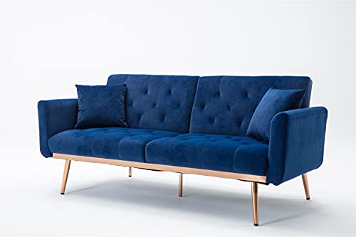 Velvet Mini Sofa, Accent Sofa, Modern Folding Couch, Sofa Bed for Living Room, Loveseat Sofa with Rose Gold Metal Feet (Navy)