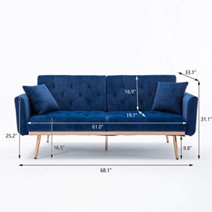 Velvet Mini Sofa, Accent Sofa, Modern Folding Couch, Sofa Bed for Living Room, Loveseat Sofa with Rose Gold Metal Feet (Navy)