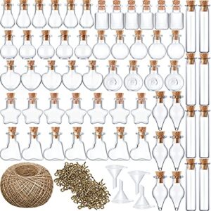 100 pieces small mini glass bottles jars with cork stopper set tiny empty refillable wishing bottles drifting bottles with eye screws funnels and rope for diy crafts bead containers, 10 shapes