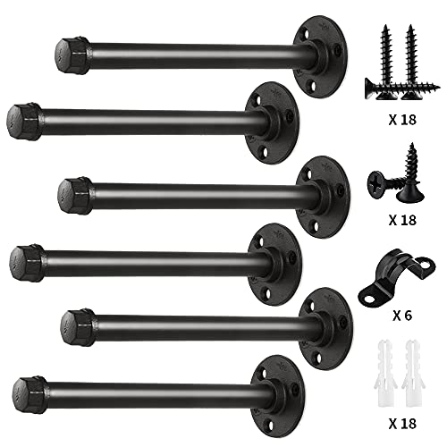 Pipe Shelf Brackets 12 Inch, Industrial Iron Pipe Floating Shelf Bracket Heavy Duty Metal Shelving Brackets for Shelves- 6 Pack Black (12 inch-6 Pack)