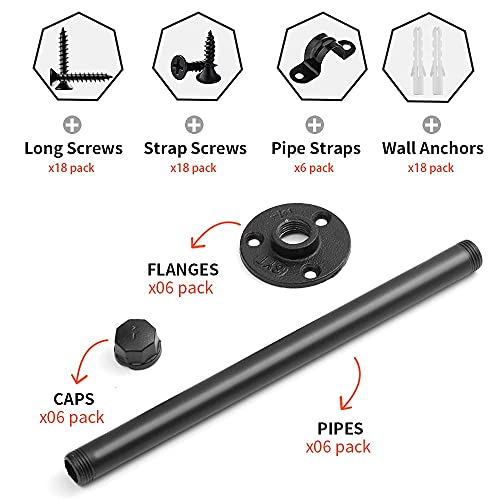 Pipe Shelf Brackets 12 Inch, Industrial Iron Pipe Floating Shelf Bracket Heavy Duty Metal Shelving Brackets for Shelves- 6 Pack Black (12 inch-6 Pack)