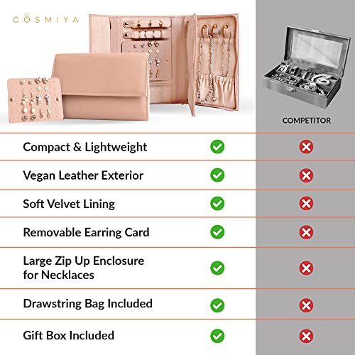 COSMIYA Luxury Vegan Leather Traveling Jewelry Organizer - Jewelry Roll, Travel Jewelry Bag, Jewelry Travel Organizer, Travel Necklace Earring Ring Organizer, Organizador De Joyas Para Mujer