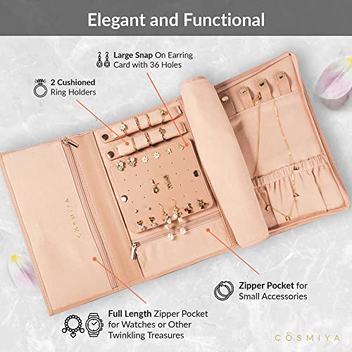 COSMIYA Luxury Vegan Leather Traveling Jewelry Organizer - Jewelry Roll, Travel Jewelry Bag, Jewelry Travel Organizer, Travel Necklace Earring Ring Organizer, Organizador De Joyas Para Mujer