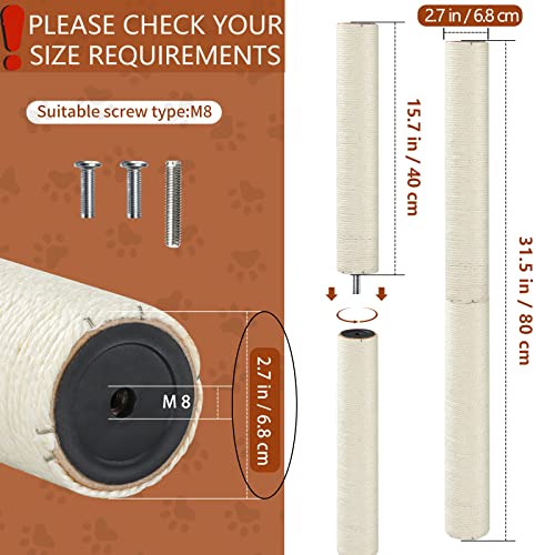 Cat Scratching Post Replacement Parts for Cat Tree, Sisal Rope Scratcher Post Refill, Cat Scratch Posts Refills Pole for Indoor Large Cats with Screws(2 Pieces 15.7" Tall)