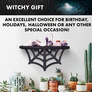 CEFRECO Spider Web Floating Shelf - Gothic Halloween Hanging Shelf with Hooks for Wall Oddities and Curiosities - Black Spooky Goth Wall Decor for Kitchen and Home - Crystal Display Shelf for Stones