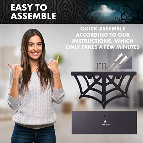 CEFRECO Spider Web Floating Shelf - Gothic Halloween Hanging Shelf with Hooks for Wall Oddities and Curiosities - Black Spooky Goth Wall Decor for Kitchen and Home - Crystal Display Shelf for Stones