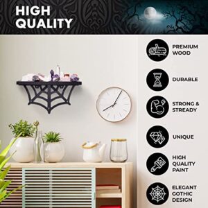 CEFRECO Spider Web Floating Shelf - Gothic Halloween Hanging Shelf with Hooks for Wall Oddities and Curiosities - Black Spooky Goth Wall Decor for Kitchen and Home - Crystal Display Shelf for Stones
