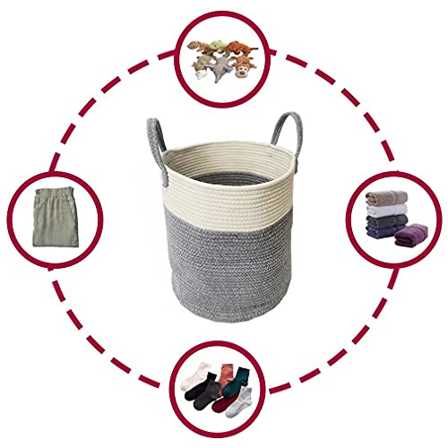 Laundry Hamper, Pure Cotton Rope Basket, Woven Laundry Bag with Handles, Large Clothes/Towels/Storage Organizer, Collapsible Storage Bin for Living Room, Bedroom, Laundry Room, White Gray