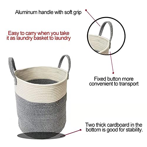 Laundry Hamper, Pure Cotton Rope Basket, Woven Laundry Bag with Handles, Large Clothes/Towels/Storage Organizer, Collapsible Storage Bin for Living Room, Bedroom, Laundry Room, White Gray