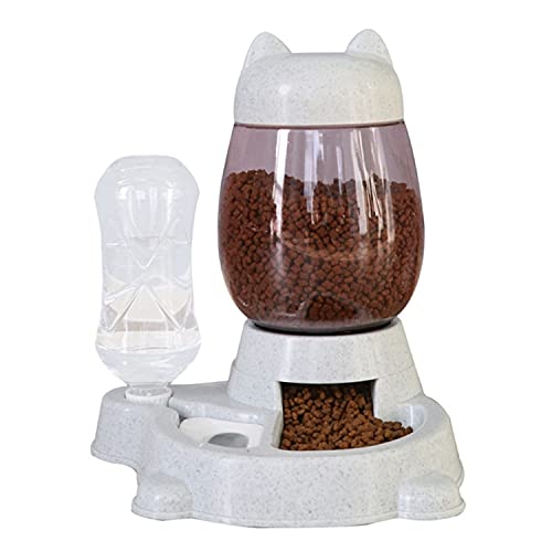 Dog Food Feeder, Automatic Pet Food Feeder & Water Dispenser Set, Cute Automatical Dog Cat Feeder with Water Bottle, Water Dispenser Pet Water Food Dish for Cats,Puppy, Rabbit Grey Color