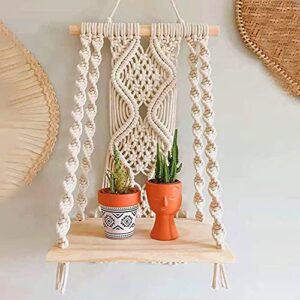 handmade macrame wall hanging shelf, boho indoor rope plant pot basket hanger holder, rope plant hanger for wall decor indoor outdoor