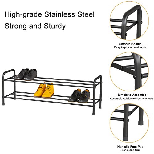 FANHAO 2-Tier Shoe Rack, 100% Stainless Steel Shoe Storage Organizer, Stackable 8-Pair Storage Shelf for Bedroom, Closet, Entryway, Dorm Room, 10.3" W x 31.5" D x13.2 H (Matte Black)