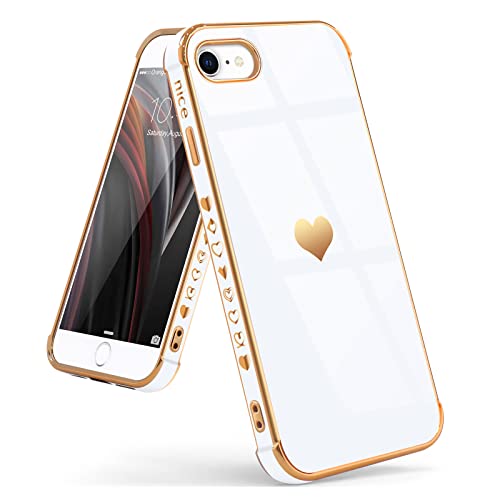 L-FADNUT Compatible with iPhone SE 2020 Case iPhone 7/8 Case iPhone SE 2022 Case Women Girls Cute Bling Heart Design Plating Bumper Shockproof Slim Silicone Protective Cover iPhone 8 Phone Case,White