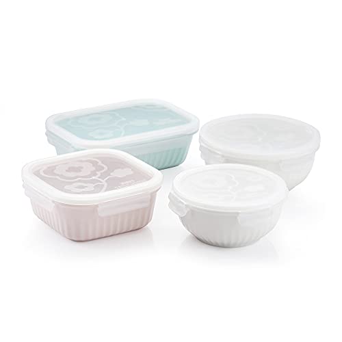 ZEN Pleats Porcelain Serve and Store Airtight Container Mix Set of 4, Mixed Color