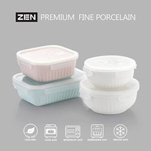 ZEN Pleats Porcelain Serve and Store Airtight Container Mix Set of 4, Mixed Color