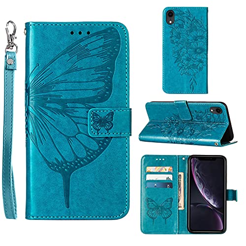 Phone Case for iPhone XR Wallet,Card Holder [Kickstand][Wrist Strap] Butterfly Floral Embossed for Women PU Leather Flip Protective Cover for iPhone XR Cases 2021 (Blue)