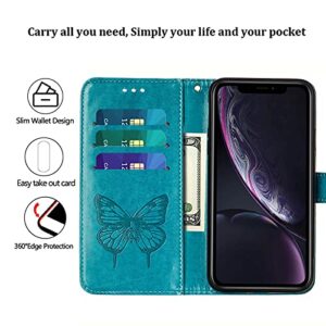 Phone Case for iPhone XR Wallet,Card Holder [Kickstand][Wrist Strap] Butterfly Floral Embossed for Women PU Leather Flip Protective Cover for iPhone XR Cases 2021 (Blue)