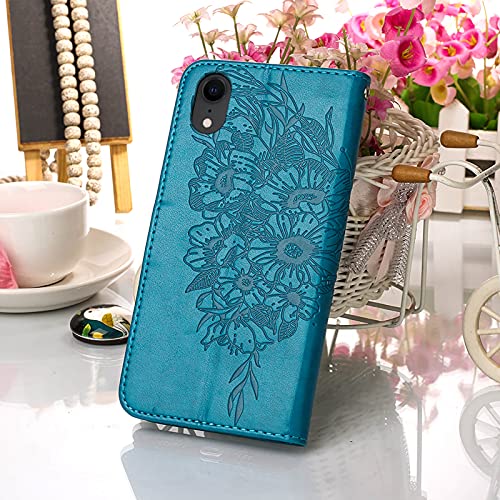 Phone Case for iPhone XR Wallet,Card Holder [Kickstand][Wrist Strap] Butterfly Floral Embossed for Women PU Leather Flip Protective Cover for iPhone XR Cases 2021 (Blue)