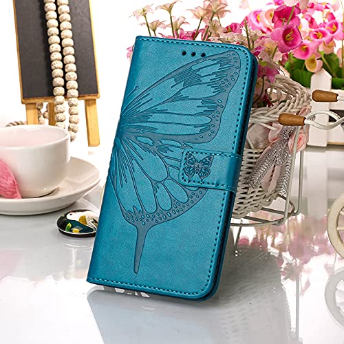 Phone Case for iPhone XR Wallet,Card Holder [Kickstand][Wrist Strap] Butterfly Floral Embossed for Women PU Leather Flip Protective Cover for iPhone XR Cases 2021 (Blue)