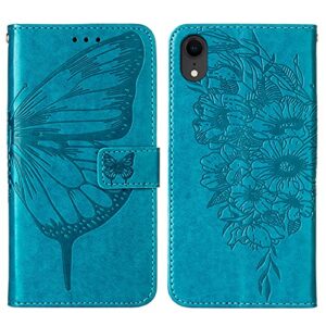 Phone Case for iPhone XR Wallet,Card Holder [Kickstand][Wrist Strap] Butterfly Floral Embossed for Women PU Leather Flip Protective Cover for iPhone XR Cases 2021 (Blue)